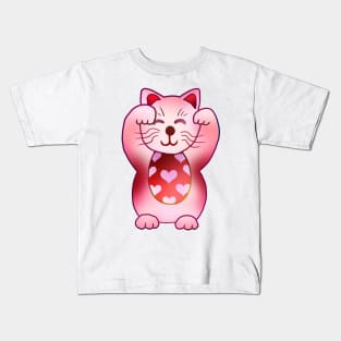 Two paws up pink hearts maneki neko lucky cat Kids T-Shirt